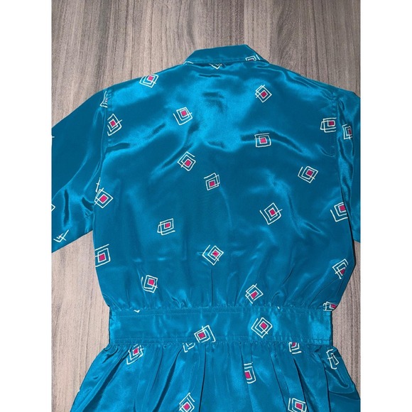 Petites for Maggy Vintage Teal Geometric Satin Midi Dress Size 4 Retro 80s G2 - Picture 8 of 10